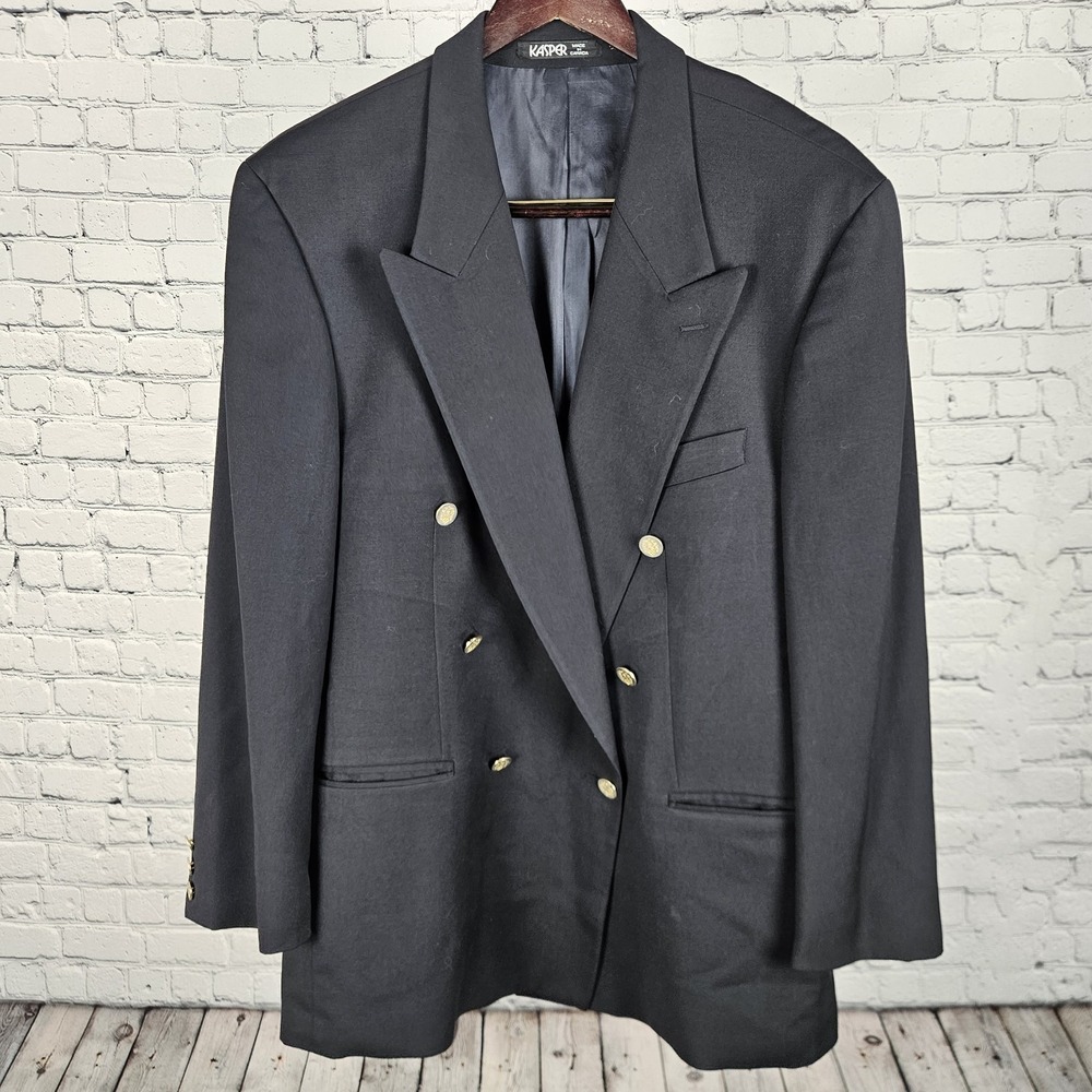 Vintage Kasper Blazer Womens 42R Black Double Breasted Wool‎ Gold Button Made In